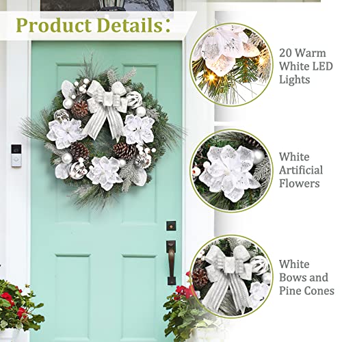 GarveeHome Christmas Wreath with Lights, 24 Inch Pre-lit Silver White Xmas Wreath with 20 Battery Operated LED Lights Artificial Magnolia Flower & Bow for Front Door Window Indoor Outdoor Decorations