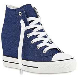 stiefelparadies stiefelparadies Damen Sneakers Keilabsatz Sneaker-Wedges Stoffschuhe Schnürer 139811 Blau Blue 40 Flandell