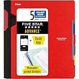 Five Star Spiral Notebook + Study App, 5 Subject, College Ruled Paper, Advance Notebook with Spiral Guard, Movable Tabbed Dividers and Expanding Pockets, 8-1/2' x 11', 200 Sheets, Red (73146)