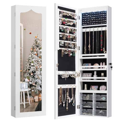 NAFORT 5 LEDs Jewelry Armoire, Wall or Door Mounted Jewelry Cabinet with Mirror, Jewelry Organizer with Wooden Mirror Frame, Mirrored Storage with 4 Shelves and 6 Acrylic Draws (White)