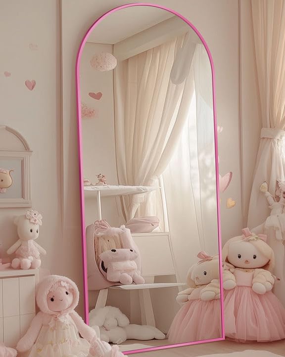 Full Length Mirror, 58"x19" Arch Floor Mirror, Floor Standing Mirror Freestanding Arch Full Body Mirrors with Stand for Bedroom, Hanging Mounted Mirrors for Living Room Cloakroom, Pink