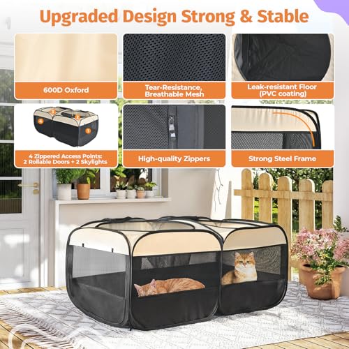 Image of 2-in-1 Dog Playpen 46.5''Pop Up Cat Pet Playpen, Assembly-Free Indoor Outdoor Kitten Enclosure, Kitten Pen Cat Cage Portable Puppy Tent Crates Kennel for Small Animals(No Divider, Unified Space)
