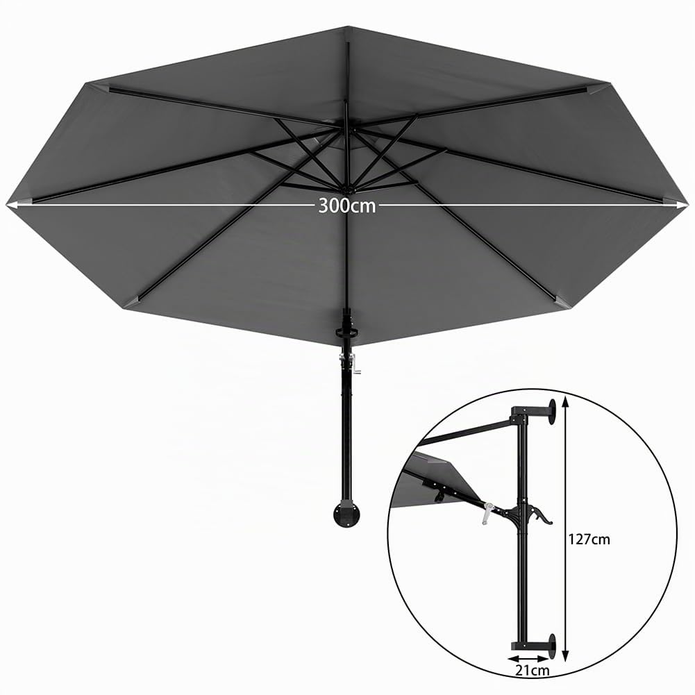 BAKAJI Ombrellone da Parete Giardino Diametro 300cm Palo Staffa Muro Decentrato Chiusura a Leva Sistema Air Vent Arredamento Salvaspazio Esterno Gazebo Piscina Terrazzo Ambienti Esterni