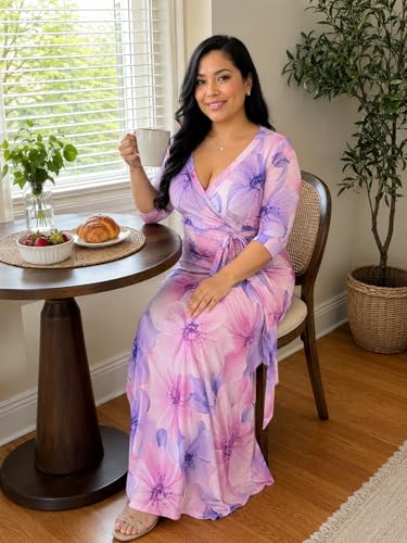 Image of Plus Size Maxi Dress for Women V Neck 3 /4 Sleeve Wrap Dress