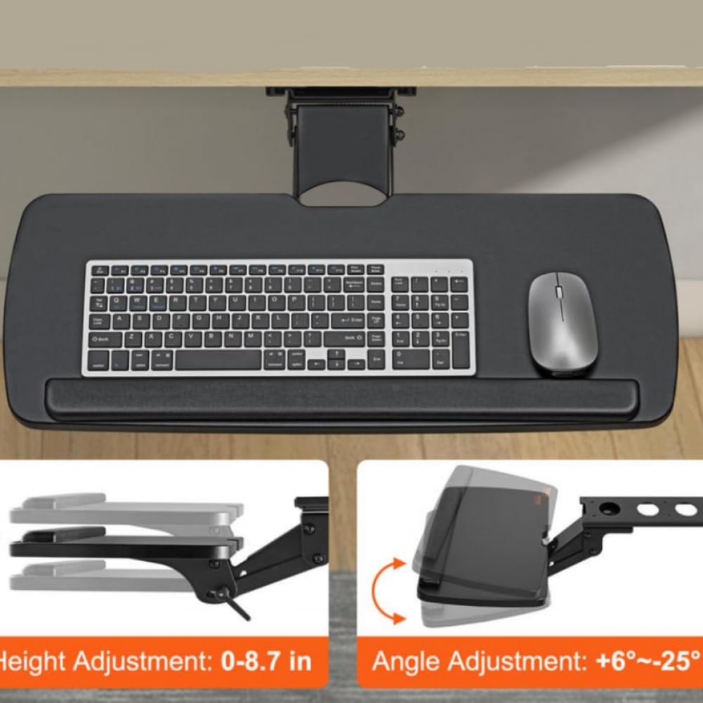 Bandeja ajustable para teclado debajo del escritorio, soporte deslizante de altura y ángulo para el hogar y la oficina, diseño ergonómico para mayor comodidad y productividad
