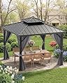 12'X12' Hardtop Gazebo, Outdoor Double Roof Galvanized Steel Gazebo, Aluminum Heavy-Duty Steel Top Canopy with Mosquito Net & Privacy Curtain for Patio, Porch, Garden, Lawn, Deck, Backyard,Gray