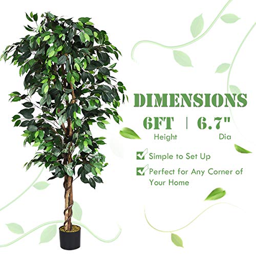 Goplus 6Ft Artificial Ficus Silk Tree, Potted Fake Tree W/Green Leaves And Natural Trunk, Maintenance Free, Tall Faux Plant For Indoor Outdoor Decoration #TOP6
