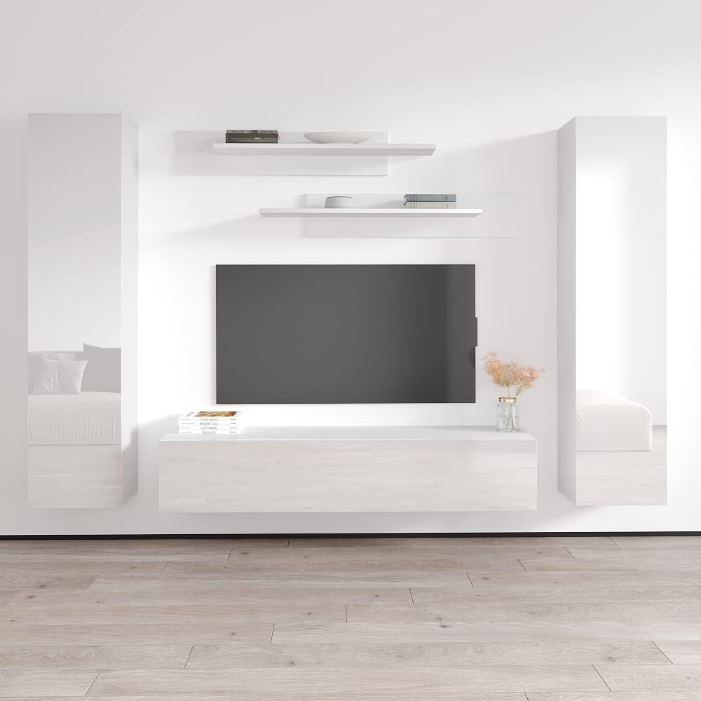 Meble Furniture Fly A4 30TV Stand Wall-Mounted Entertainment Center — Floating Design with Storage Shelves and 16-Color LED Lighting — High Gloss Matte Finish, 59.1 x 15.7 x 19.7 inches — White