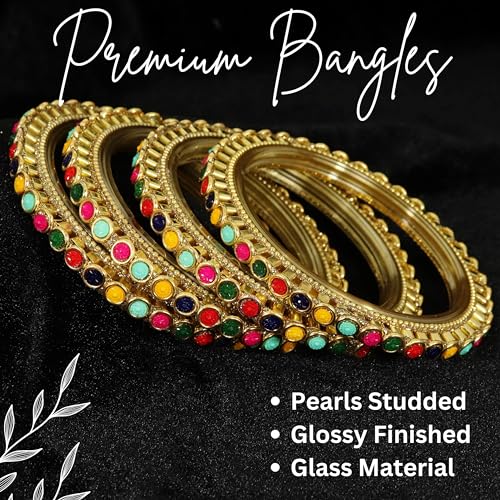 Image of NMII Glass Golden Zircon Gemstone & Colorful Beads Studded Bangles Kada Set For Women & Girls | Traditional Stylish Kangan | Bangles For Women Glass | Wedding, Party, Occasion Wear Bangle- Set of 4