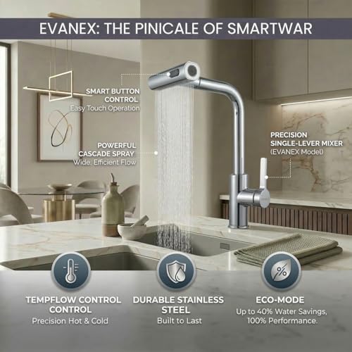 Image of EVANEX Kitchen Faucet | 304 Stainless Steel Pull Down Kitchen Faucet | Flexible Tap for Kitchen Sink | 360 Degree Rotating Tap | Deck Mounted Kitchen Sink Tap