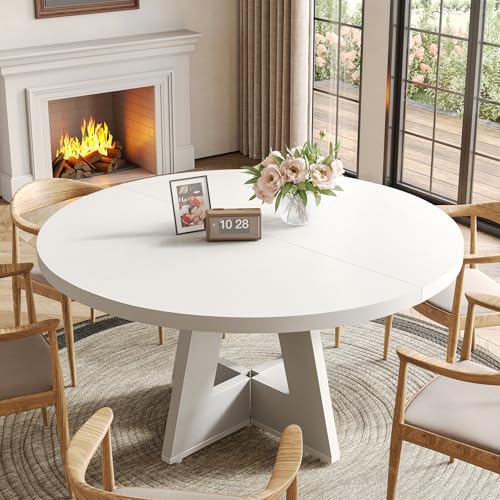 Image of LITTLE TREE Round Dining Table for 4-6 People, 47 Inches White Circle Dinner Kitchen Dining Room Table with Wooden Pedestal Base for Kitchen, Living Room