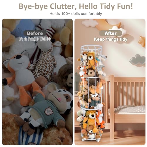 Image of Stuffed Animal Storage Zoo, Metal Plushies Toy Storage Organizer, Tube Stuffed Animal Holder with Brake Wheels, Space Saving Plush Toy Holder for Playroom Bedroom Nursery (White)