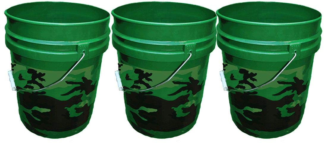 Get Ready for Hunting and Fishing Season with 5 Gallon Green Camo Plastic Buckets, 3-Pack