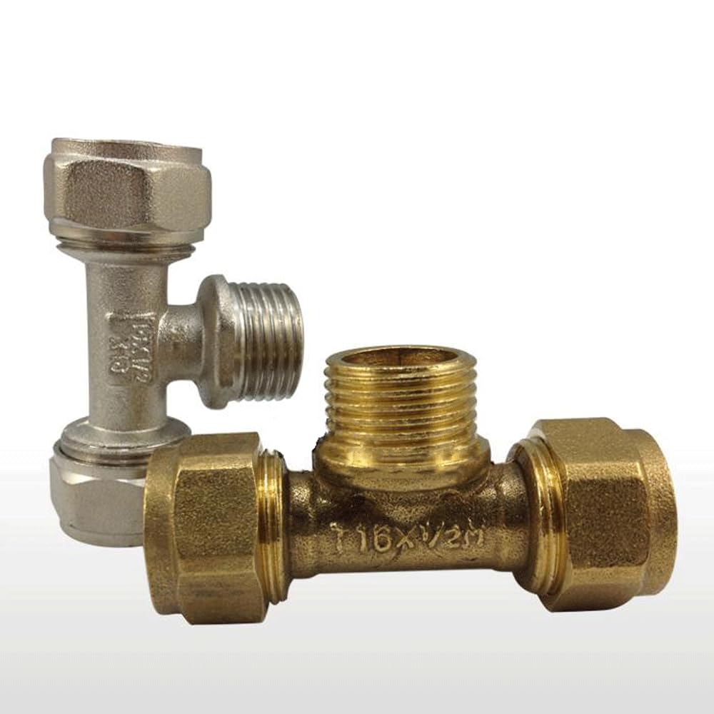 H58 Brass Nickelage 1/2" BSPP Male Thread tee Pex Pipe 1216/1418/1620 Fitting Aluminum Pipe Fittings for Floor Heating(1620-DN15-1620)
