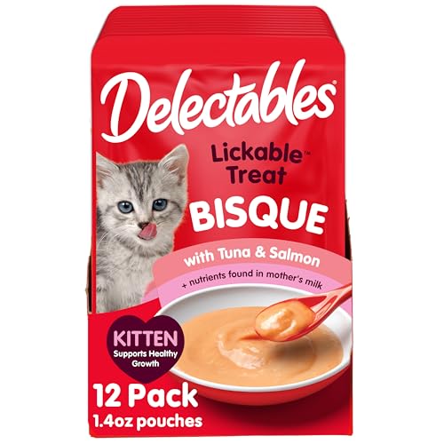 Hartz Delectables Bisque for Kittens, Complete & Balanced Tuna & Salmon Cat Wet Lickable Treats, 12 Count