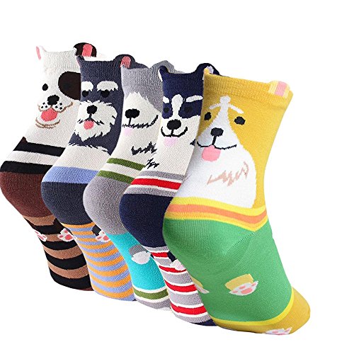 Women's Animal Cotton Socks Cute Dog Printed Crew Ankle Funny Casual Novelty for Ladies Sock 5 Pairs