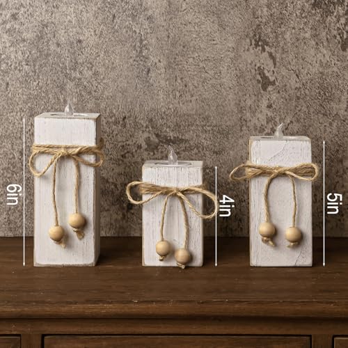 MelonBoat Rustic Flameless LED Candles 3-Pack, Battery Operated Candles with Wooden Candle Holders, White Rustic Farmhouse Decor, Farmhouse Candle Holder for Valentines Holiday Party Home Decor - Image 5