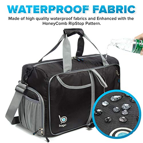 bago Gym Bags for Women and Men - Small Packable Sports Duffle Bag for Women with Shoe Compartment and Wet Pocket (40 Liter Black)