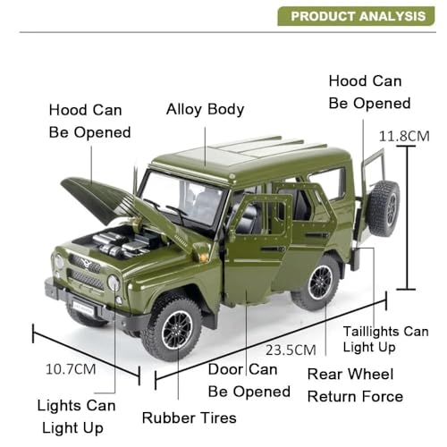 Image of Model Car Exclusive Alloy Metal Pull Back Die-cast Car Metal Pullback Toy car with Openable Doors & Light Music Best Gifts Toys Kids (1:18 Scale UAZ Russian - Green)