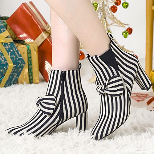 Allegra K Women's Pointed Toe Zip Striped Chunky Heels Ankle Boots2