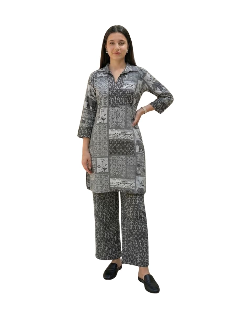 Grey Cotton Animal Print Co-ord Set for Women-image-16