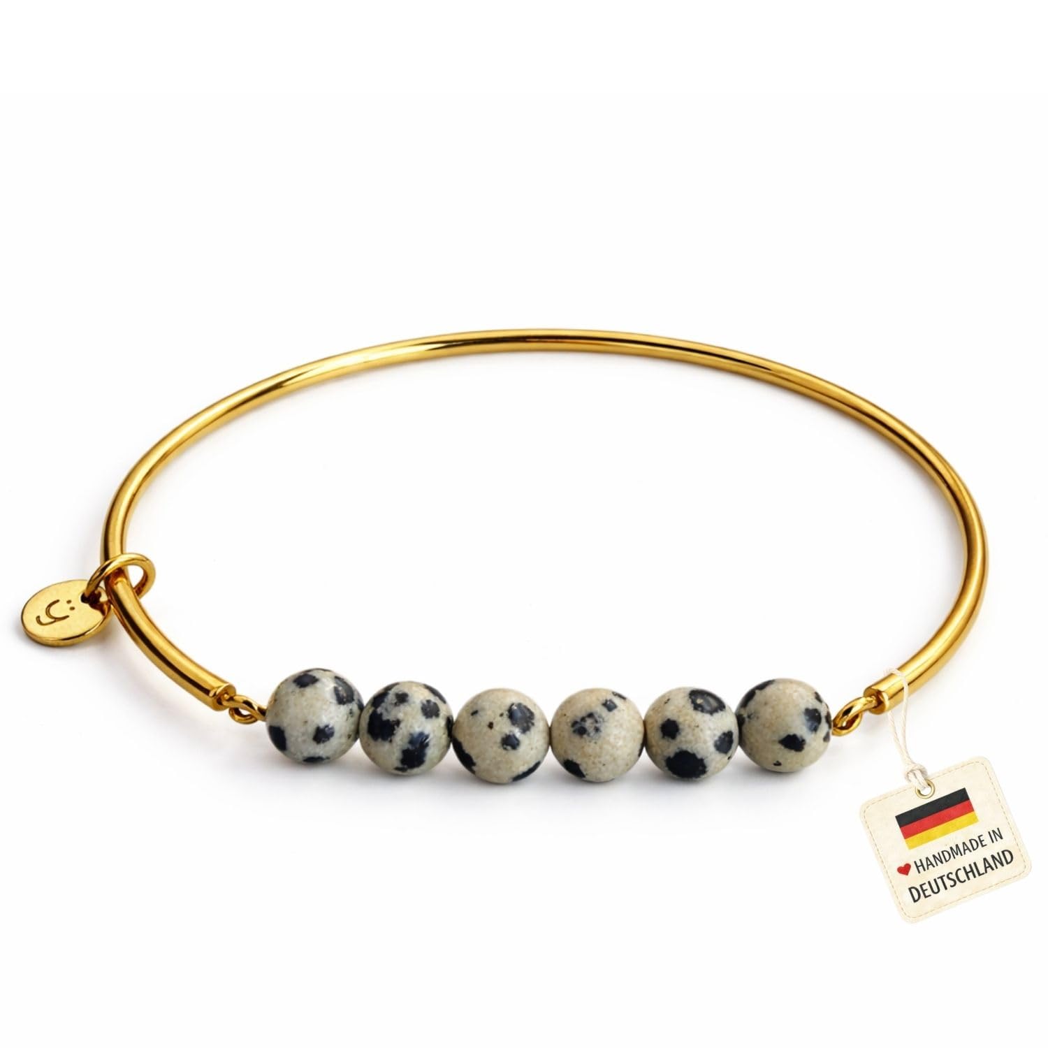 happymaker Armreif gold Damen mit Dalmatiner Jaspis Edelsteinen, elastischer Edelstahl Armreifen vergoldet, wasserfest, handgefertigt in Deutschland