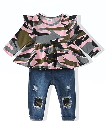 Image of SODLON Baby Girl Clothes Toddler Girls Winter Outfits Infant Clothing Ruffle Top Denim Pants Jeans Cute Fall Outfit Set