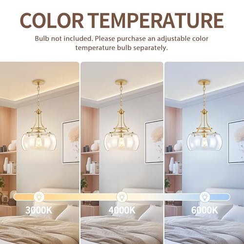 Image of KARTOOSH Gold Chandelier Kitchen Pendant Lighting Over Island | Rustic Farmhouse LED Ceiling Pendant Light with Clear Glass Shade Shade for Kitchen Island Dining Room Foyer Entryway