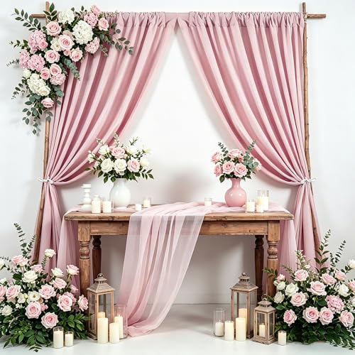 Image of Dusty Rose Polyester Backdrop Curtains: 20 ft x 8 ft Photography Backdrop Drapes - Baby Shower Birthday Party Decorations 4 Panels 5ft x 8ft