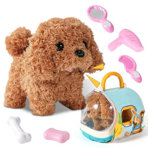 Perro de peluche electrónico que corre, ladra y cola menea con correa y juego de aseo, jaula eléctrica para perros, juguete educativo interactivo a partir de 3 años, ideas de regalo para niñas (perro)