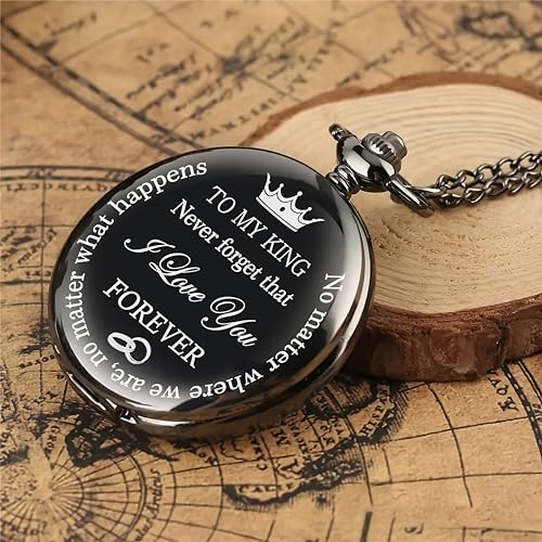 Image of Vintage Gandhi Style Pocket Watch with Engraved Designs & Messages Royal Black Analog for Men Women & Kids Includes Key Ring for car or Bike Keys Ideal Gift