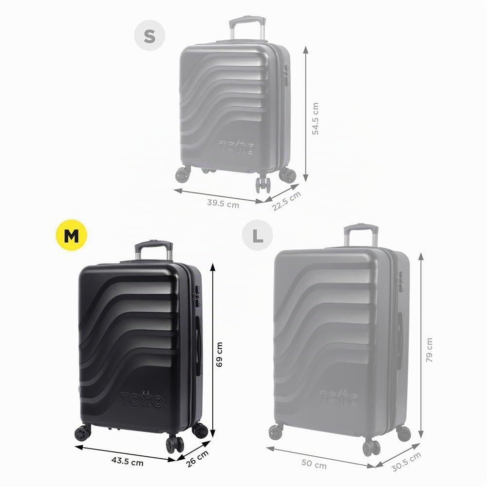 TOTTO - Maleta Rígida Mediana, Modelo Bazy+, 43.5 x 69 x 26 cm, Capacidad 64 L, Expandible, Alta Resistencia a Impactos, Ruedas 360º, Manija Telescópica, Correas Internas, Candado TSA, Color Negro