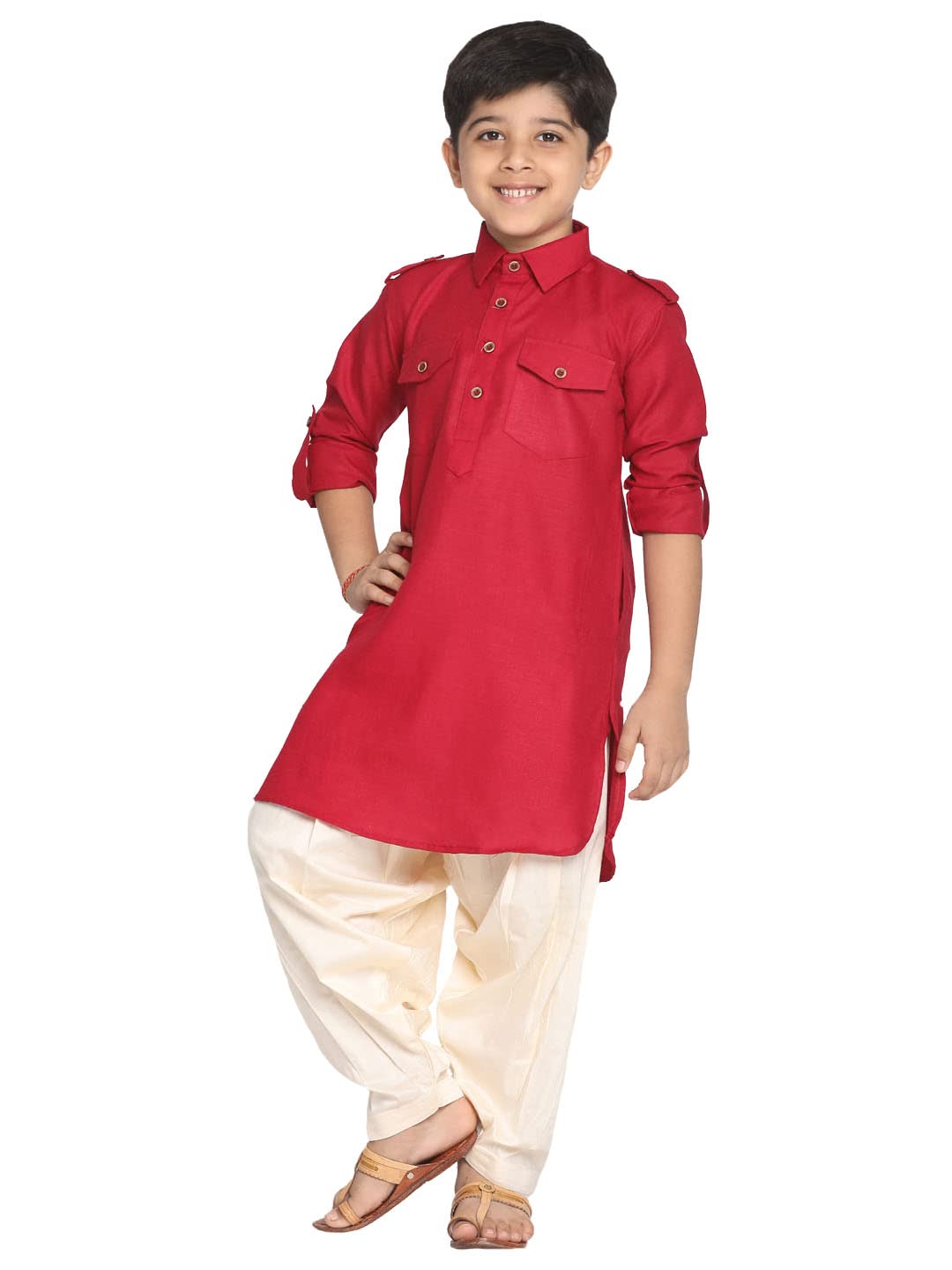Jbn Creation Boys' Maroon Cotton Blend Pathani Suit Set