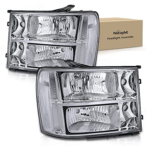 Nilight Headlight Assembly 2007 2008-2013 Sierra 1500 2008-2014 Sierra 2500 HD 3500 HD Chrome Housing Clear Corner Clear Lens, Headlights Assembly Replacement