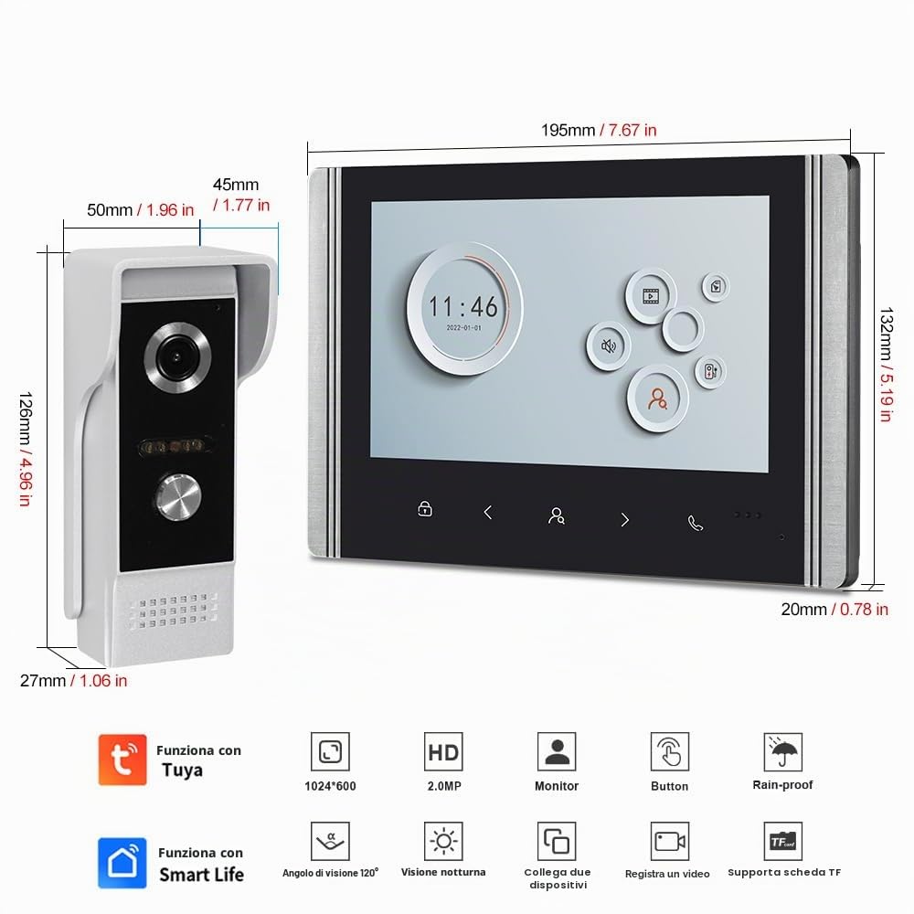 Sistema di Videocitofono Wi-Fi 1080P HD Telecamera con 2 Monitor, Videocamera con Schermo IPS da 7 Pollici per la Casa, Visione Notturna a IR, Registrazione, Sblocco APP Tuya