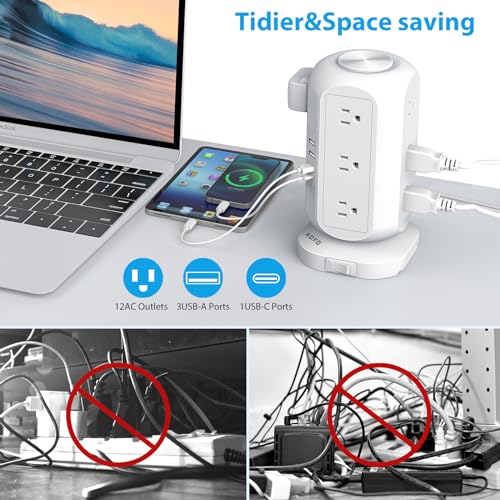 Tower-Power-Strip-Flat-Plug-with-12-Outlets-4-USB1-USB-CAOFO-Surge-Protector-Charging-Station-with-Overload-Protection-Widely-Spaced-Multiple-Outlets-10Ft-Extension-Cord-for-Home-DormOffice