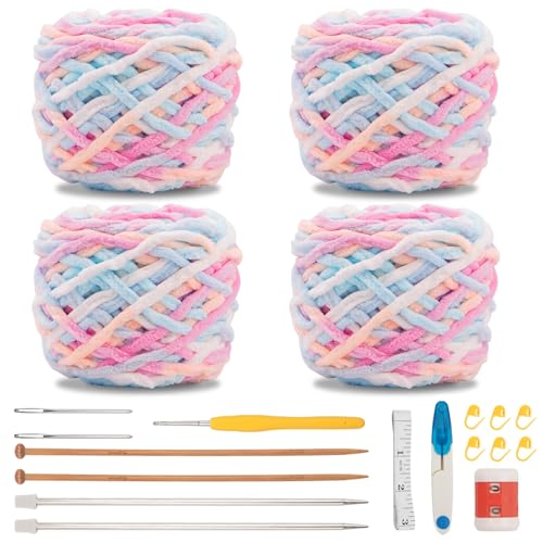 FALSKT 4 x 100g Chunky Yarn Soft Chunky Wool Multi-Colored Thick Knitting Wool Ombre Yarn for Blankets Scarves Hats Handmade Bags Sweaters Shoes with Crochet Accessories