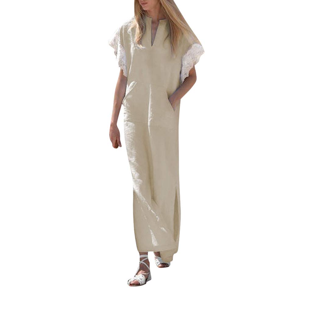 Toimothcn Women Cotton&Linen Long Dress Plus Size Short Sleeve V Neck Side Slit Loose Tunic Dress