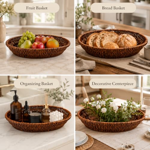Image of Oval Bread & Roti Serving Basket | Restaurant Style Chapati & Naan Basket for Dining Table | Brown Tabletop Bread Basket for Home, Hotel & Cafe