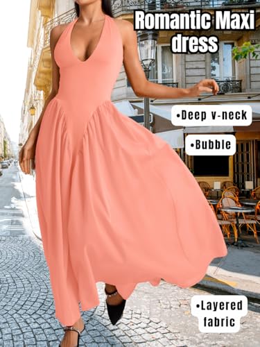 Image of ChiaoLezhee Deep V Neck Dress, Halter Maxi Dresses, Vacation Date Night, Sexy for Women Corset Flowy Wedding Guest Drop Waist