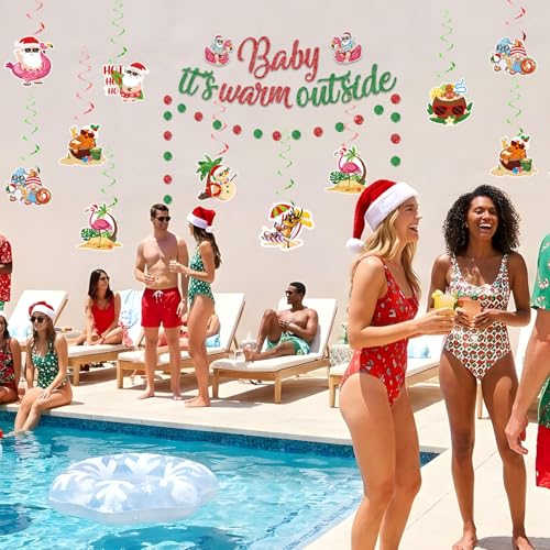 Image of Christmas July Decorations Baby It's Warm Outside Banner Hanging Swirls | Glitter Pre-strung Banner, Ready to Hang, Summer Tropical Decor Garland and Hanging Swirls, Thickened Cardstock Paper