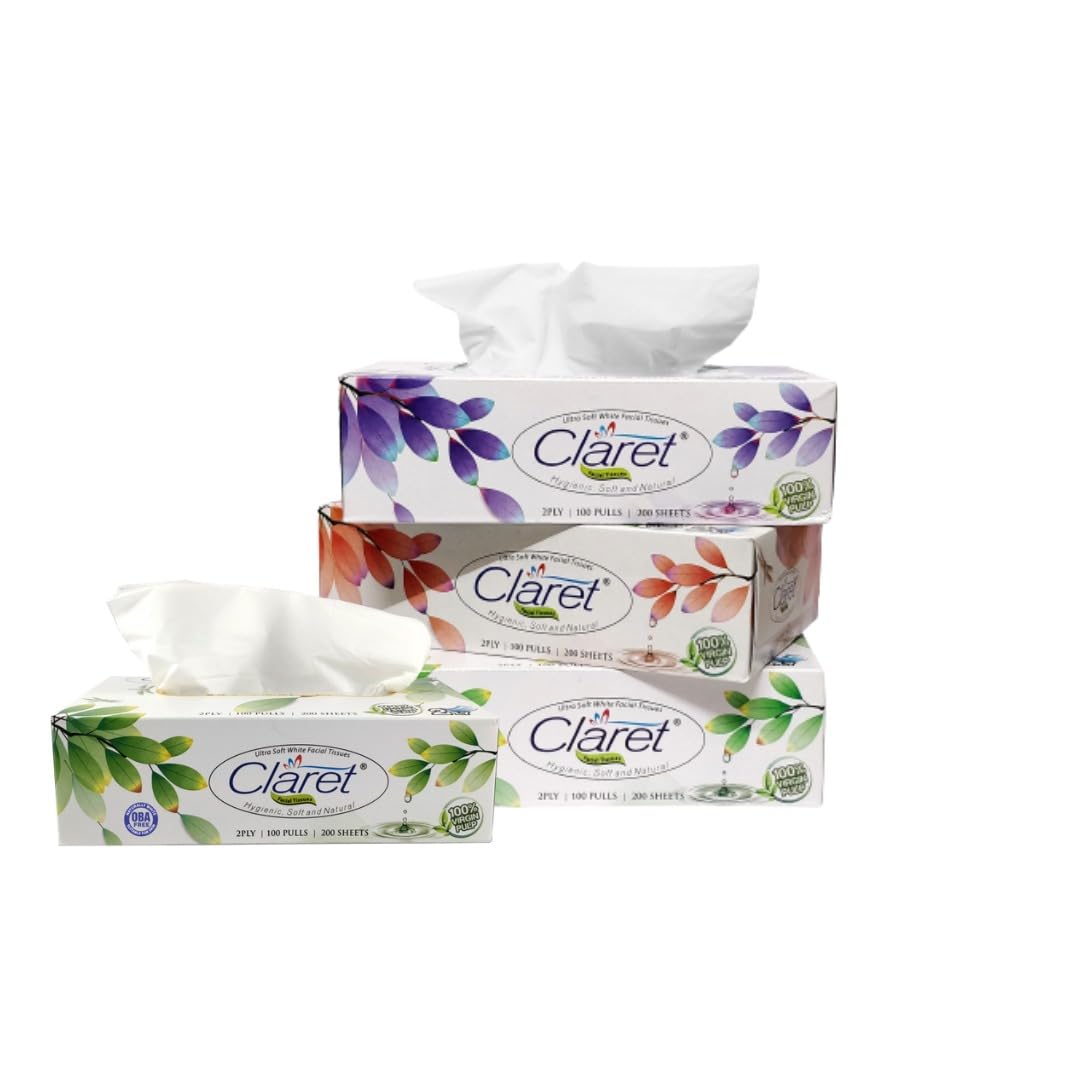 Claret 100% Virgin Pulp Ultra Soft White Facial Tissue Box - Hygienic, Soft & Natural - 4 Packs of 100 Pulls, 2-Ply (Total 400 Pulls) - Perfect for Home and Car (B08HS1LK98) Amazon Price History, Amazon Price Tracker