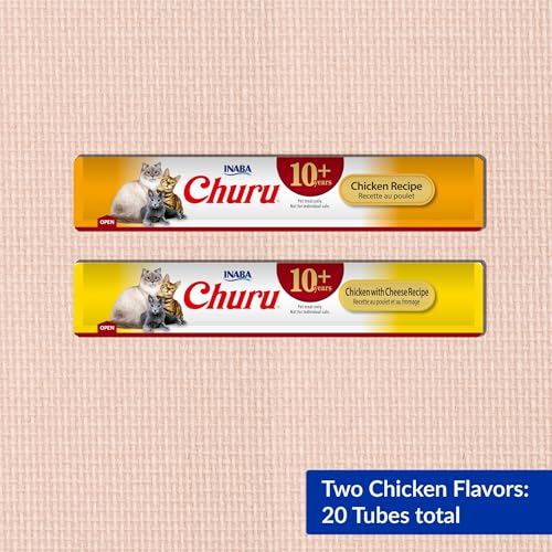 Image of INABA Churu for Senior 10+, Creamy Lickable Cat Treats with Taurine, Vitamin E & C, 0.5 Ounces Each, 20 Tubes, Chicken Variety