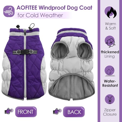 Image of AOFITEE Dog Coat, Warm Dog Winter Coat for Large Dogs, Reflective Turtleneck Dogs Jacket with Harness Built in, Waterproof Windproof Pet Puffer Jacket Fleece Vest for Cold Weather, Purple XXXL