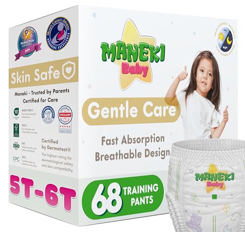 Image of Maneki Baby Hypoallergenic Potty Training Pants 5T-6T, 68 Count (46-60 lbs), Pull-On Diaper Pants & Training Underwear, Soft, Unscented & High Absorbency for Overnight & Daily Use (Pack May Vary)