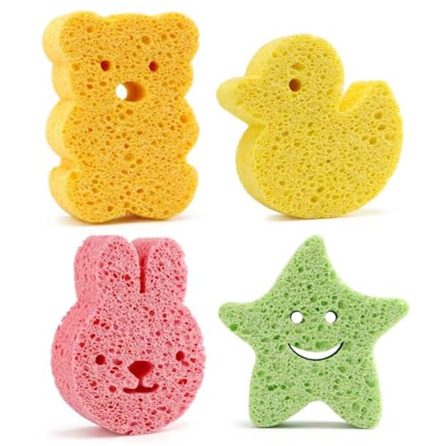 WUSJCOF 4 Piezas Esponjas de Baño para Bebé, Esponja de Baño Infantil, Esponja de Ducha para Niños, Esponja de Baño Dulce, Esponja de Ducha para Bebé, Forma de Dibujos Animados