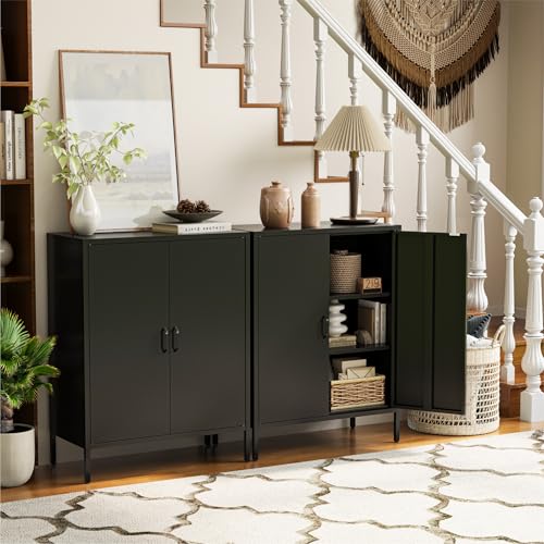 Image of COFaR Black Metal Storage Cabinet, 40 inch Industrial Kitchen Organizer & Buffet Sideboard, 3-Tier Steel Cabinet with Adjustable Shelves, Magnetic Doors for Coffee Bar, Office, Dining Room