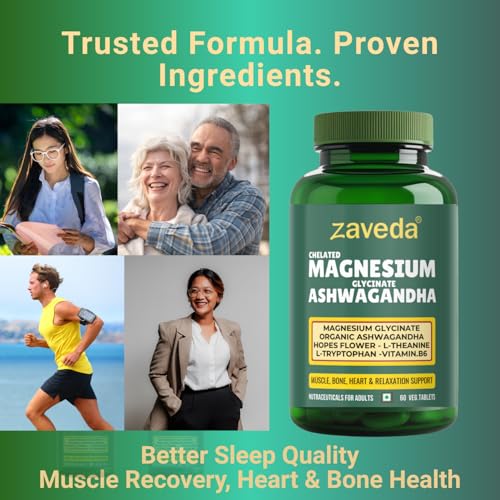 Image of Magnesium Glycinate Ashwagandha Tablets with Hopes Flower, B6, L-Theanine, L-Tryptophan & Zinc | Highly Advanced Plant Based Formula | Muscle Recovery, Sleep & Nerve Health | 60 VegTablets