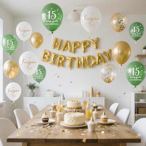 Luftballons 15 Jahre Geburtstag, 30 Stück Deko 15. Geburtstage Junge Mädchen, 15 Alles Gute zum Geburtstag Ballons, Salbeigrüne Gold 15. Geburtstagsdeko, 15th Birthday Konfetti Ballon Party