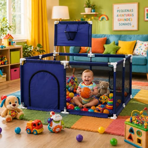Cercadinho Para Bebê Chiqueirinho Infantil Playground Edição Especial Com Basquete e Futebol Playpen [ K-SELL IMPORTS ] (Azul - Pequeno)